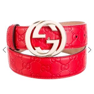 Gucci Red Embossed Leather Belt with Gold GG Buckle